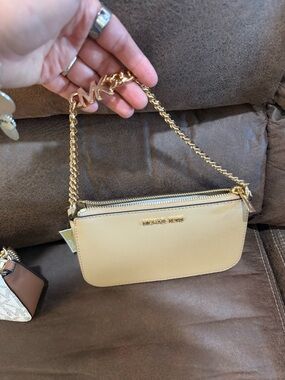 Michael Kors Beige Leather Shoulder Bag with Gold Chain